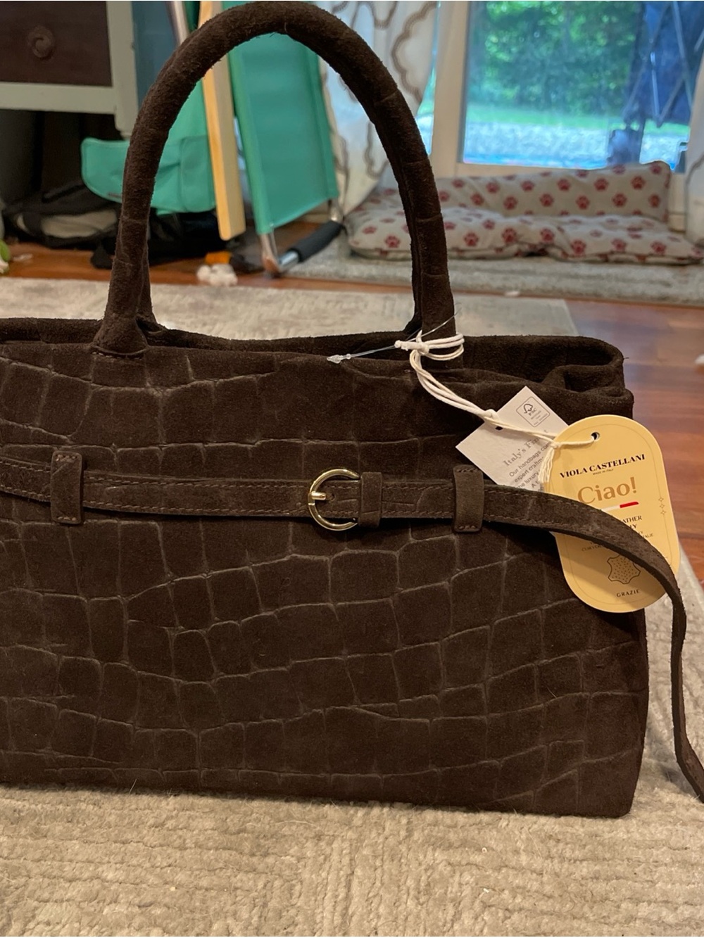 Viola Canteliani Dark Brown Croc-Embossed Suede Tote